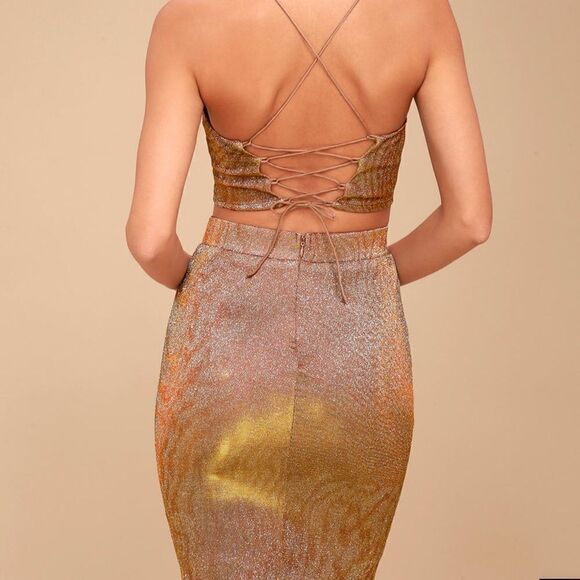 Lulus Shimmer and Shake Iridescent Gold Two Piece Dress Size Small - Picture 14 of 16
